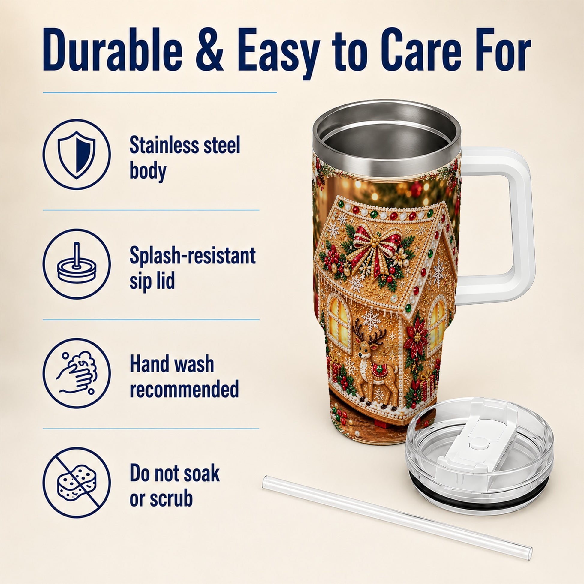 #pl[40oz|White] Gingerbread House 40oz Tumbler with Handle, Christmas Travel Cup