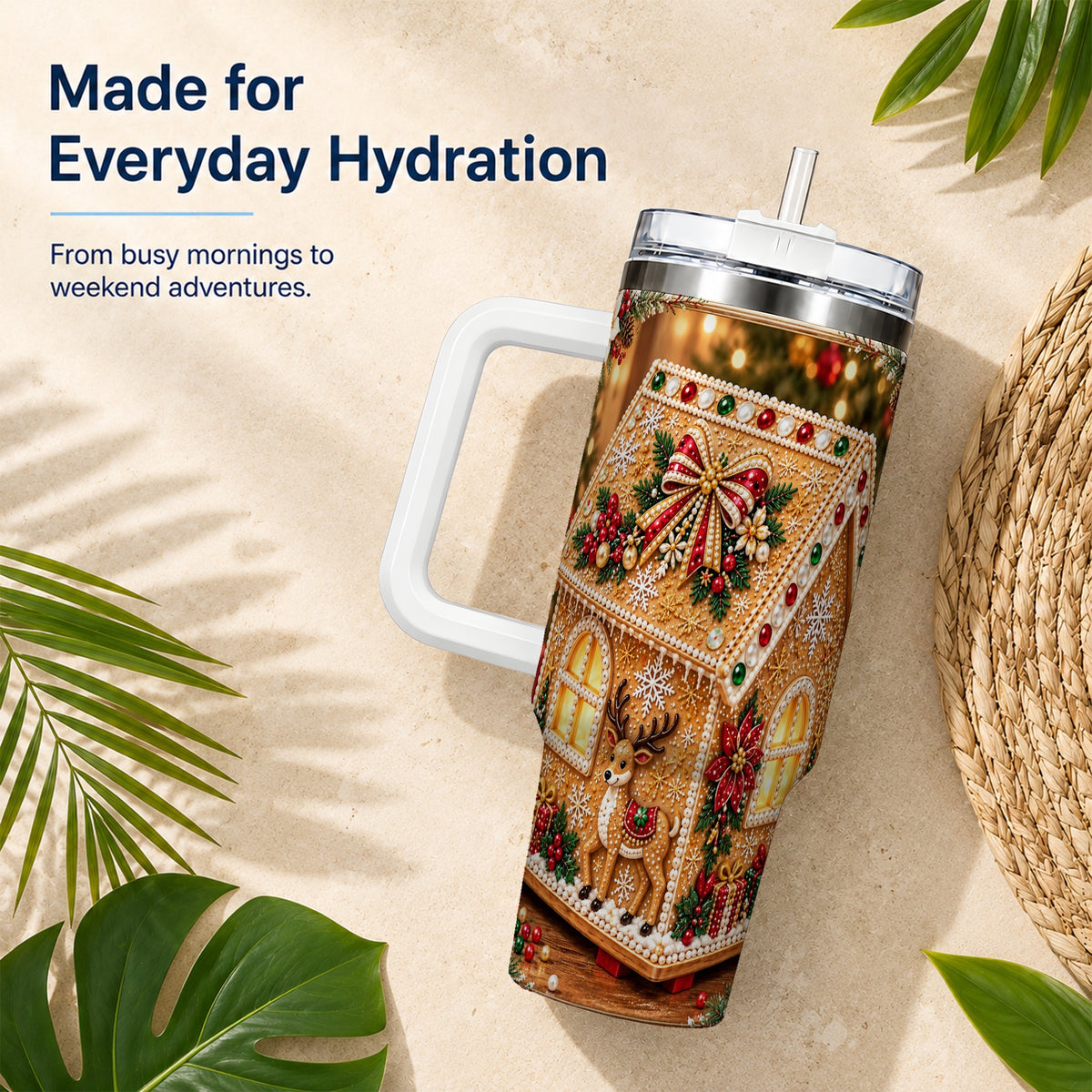 #pl[40oz|White] Gingerbread House 40oz Tumbler with Handle, Christmas Travel Cup