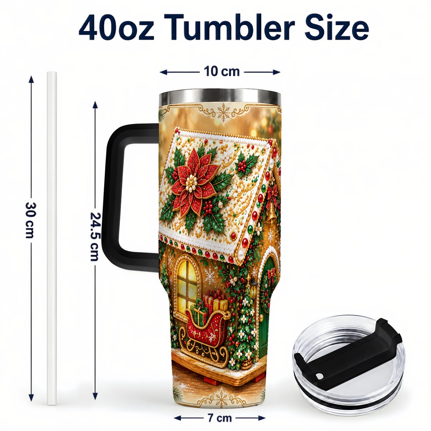 #pl[40oz|Black] Christmas Gingerbread 40oz Tumbler with Handle, Poinsettia Travel Cup