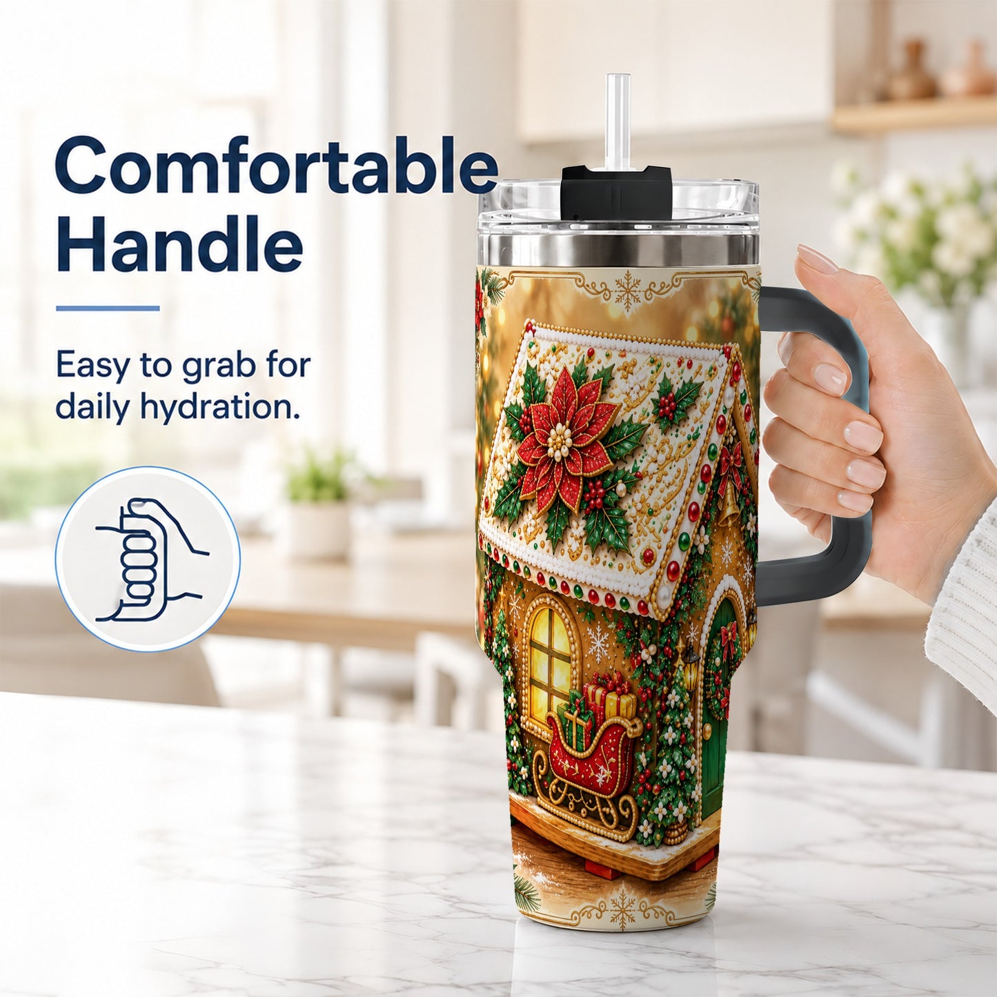 #pl[40oz|Black] Christmas Gingerbread 40oz Tumbler with Handle, Poinsettia Travel Cup