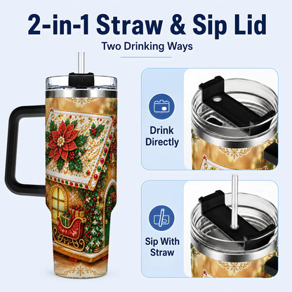 #pl[40oz|Black] Christmas Gingerbread 40oz Tumbler with Handle, Poinsettia Travel Cup