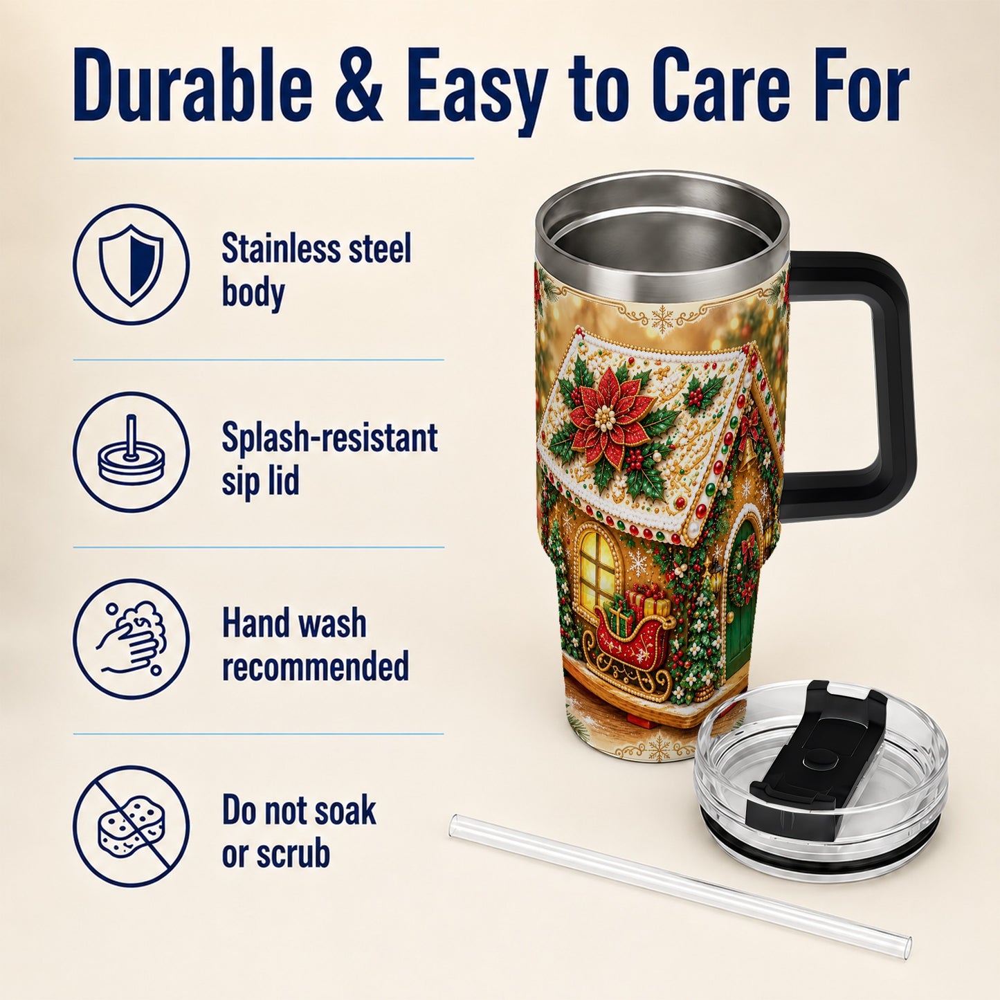 #pl[40oz|Black] Christmas Gingerbread 40oz Tumbler with Handle, Poinsettia Travel Cup