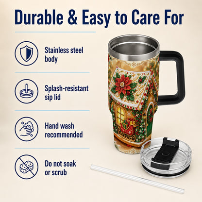 #pl[40oz|Black] Christmas Gingerbread 40oz Tumbler with Handle, Poinsettia Travel Cup