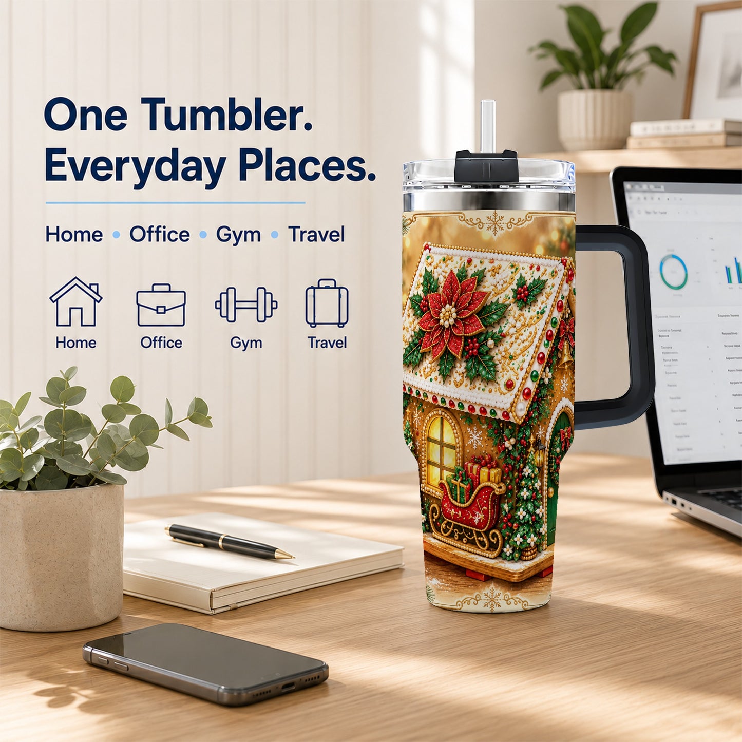#pl[40oz|Black] Christmas Gingerbread 40oz Tumbler with Handle, Poinsettia Travel Cup
