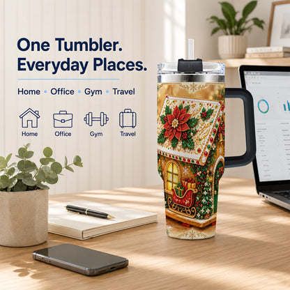 #pl[40oz|Black] Christmas Gingerbread 40oz Tumbler with Handle, Poinsettia Travel Cup