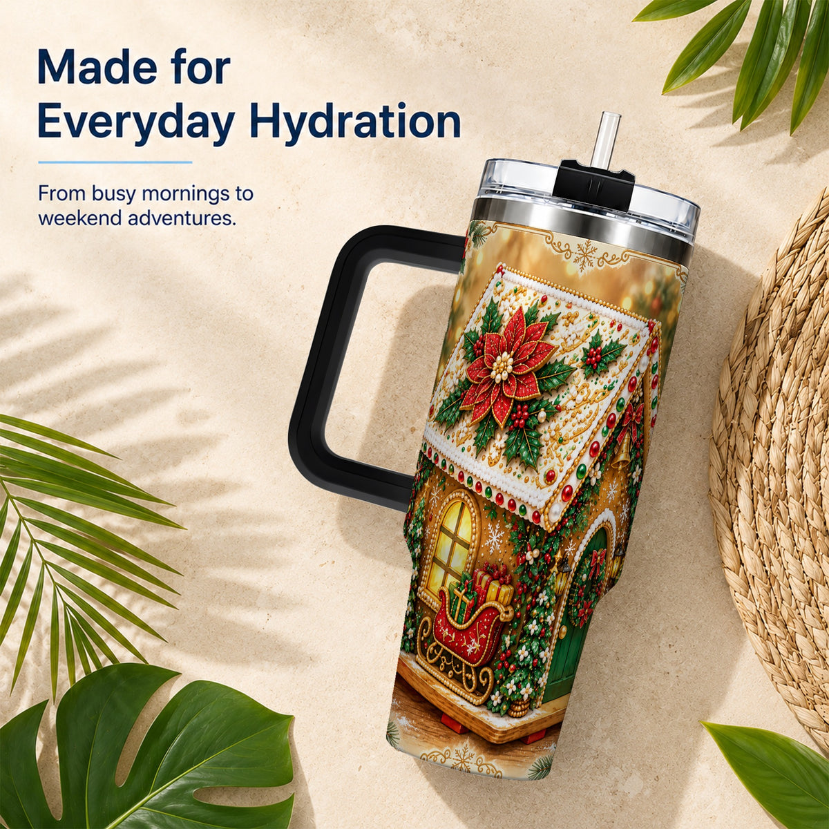 #pl[40oz|Black] Christmas Gingerbread 40oz Tumbler with Handle, Poinsettia Travel Cup
