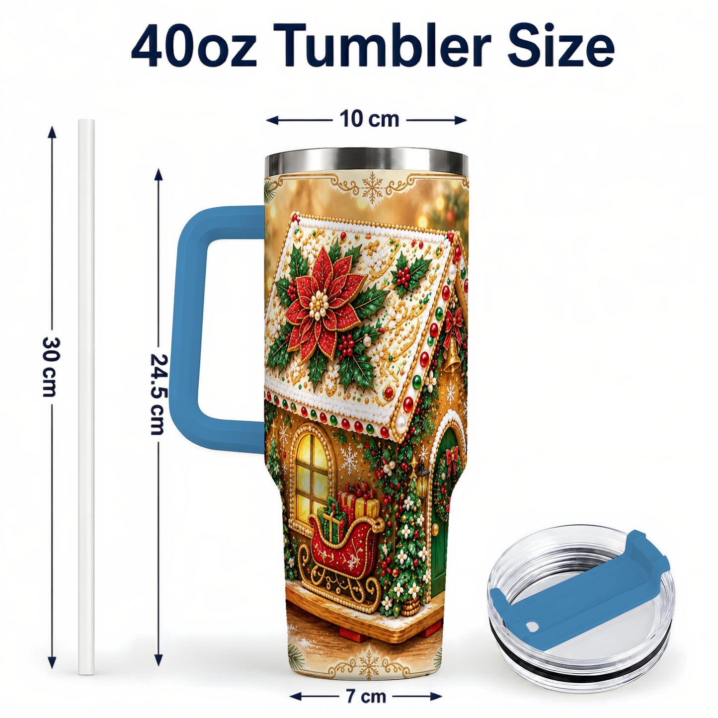 #pl[40oz|Blue] Christmas Gingerbread 40oz Tumbler with Handle, Poinsettia Travel Cup