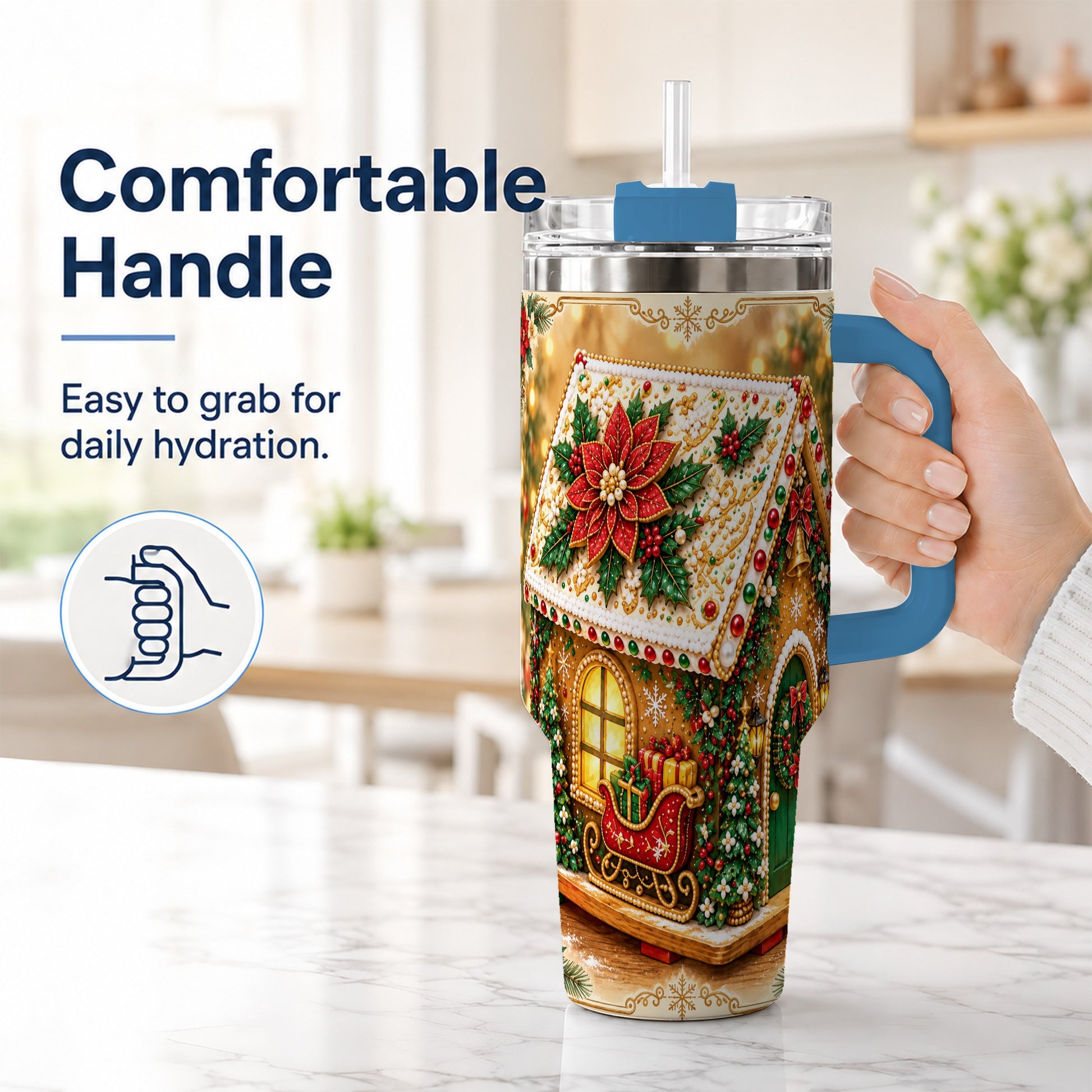#pl[40oz|Blue] Christmas Gingerbread 40oz Tumbler with Handle, Poinsettia Travel Cup