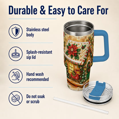 #pl[40oz|Blue] Christmas Gingerbread 40oz Tumbler with Handle, Poinsettia Travel Cup
