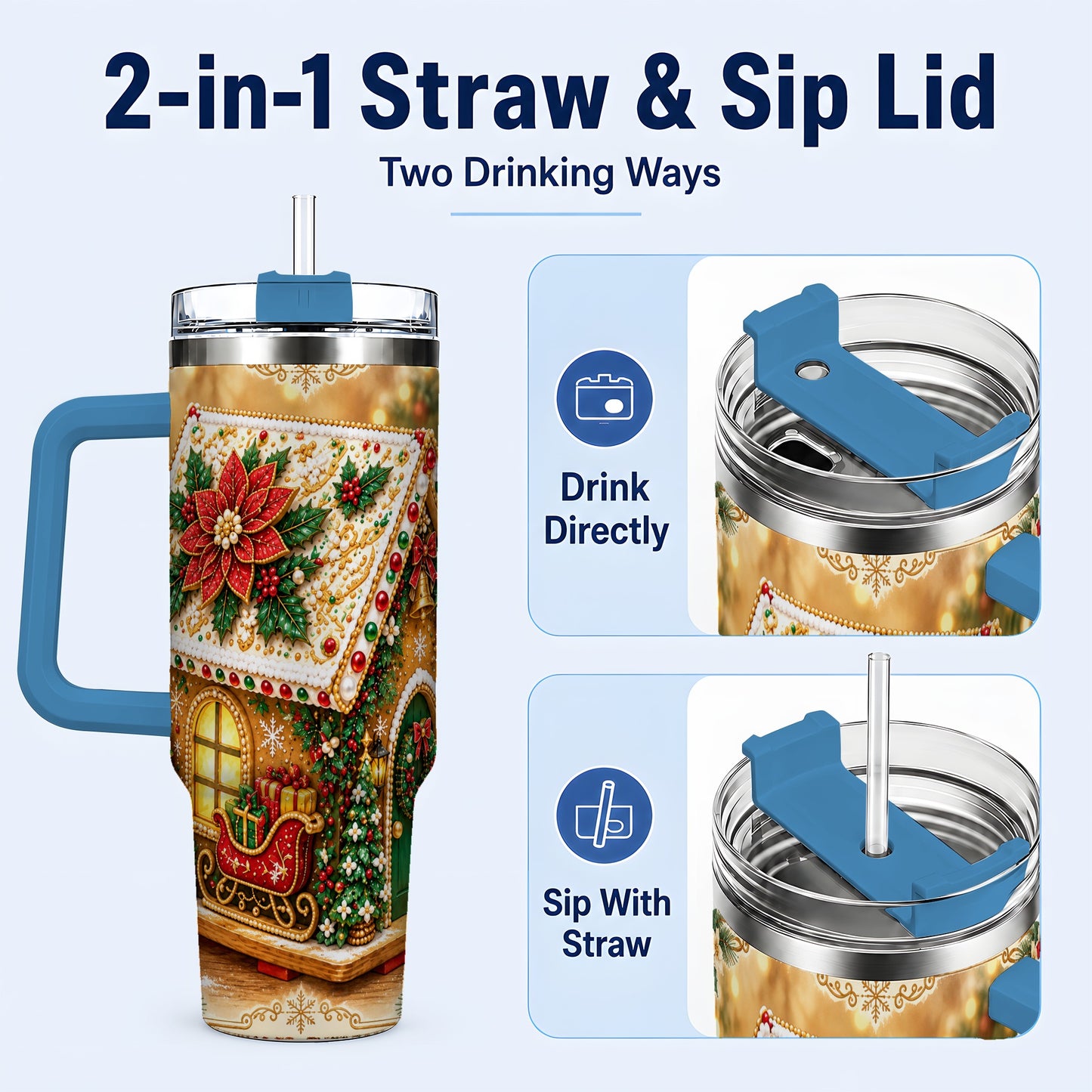 #pl[40oz|Blue] Christmas Gingerbread 40oz Tumbler with Handle, Poinsettia Travel Cup