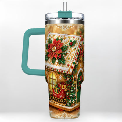 #pl[40oz|Green] Christmas Gingerbread 40oz Tumbler with Handle, Poinsettia Travel Cup