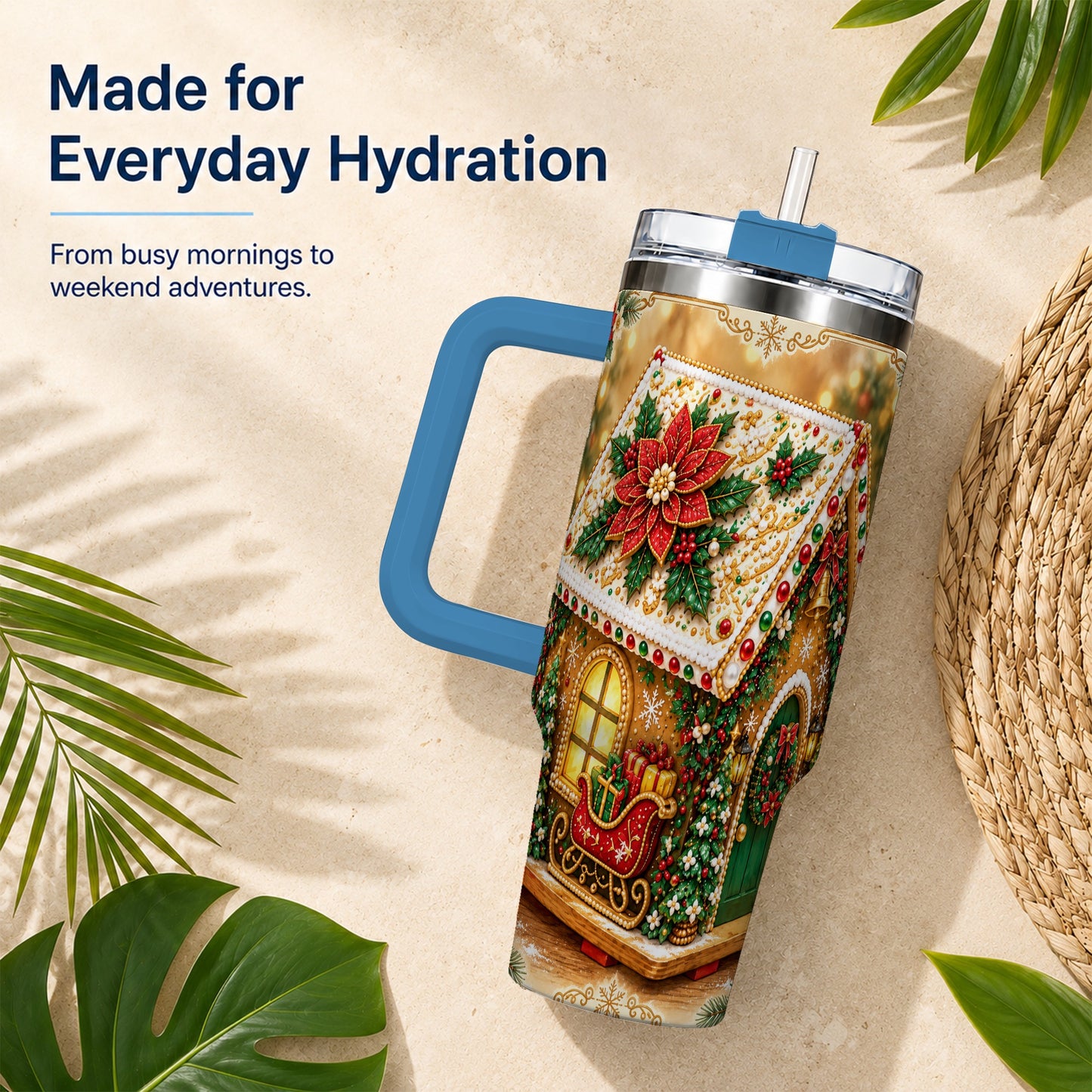 #pl[40oz|Blue] Christmas Gingerbread 40oz Tumbler with Handle, Poinsettia Travel Cup