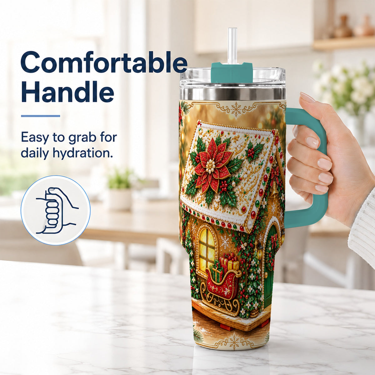 #pl[40oz|Green] Christmas Gingerbread 40oz Tumbler with Handle, Poinsettia Travel Cup