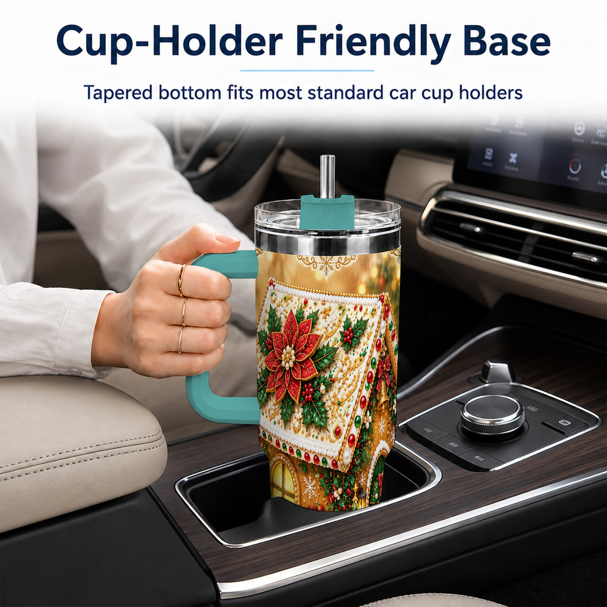 #pl[40oz|Green] Christmas Gingerbread 40oz Tumbler with Handle, Poinsettia Travel Cup