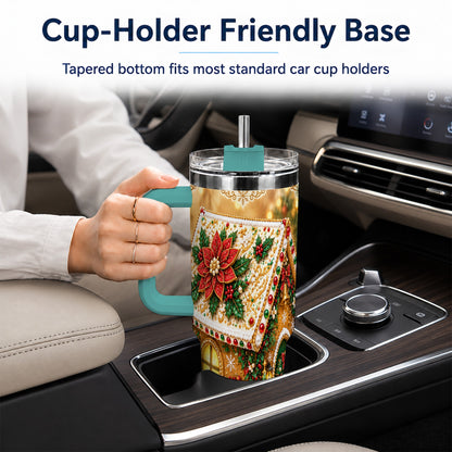 #pl[40oz|Green] Christmas Gingerbread 40oz Tumbler with Handle, Poinsettia Travel Cup