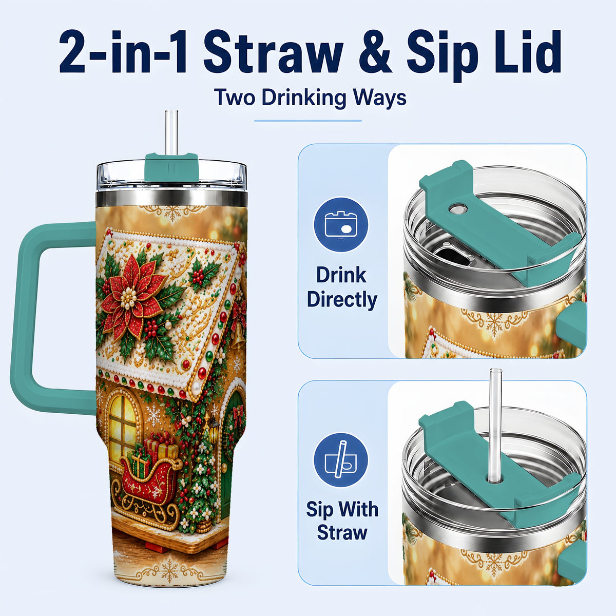 #pl[40oz|Green] Christmas Gingerbread 40oz Tumbler with Handle, Poinsettia Travel Cup