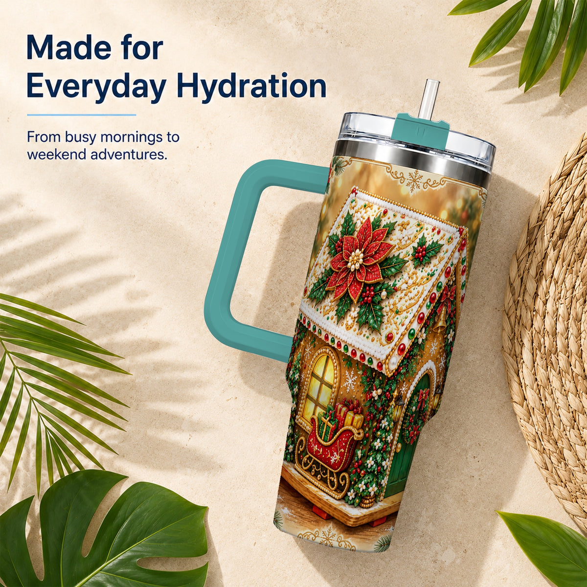 #pl[40oz|Green] Christmas Gingerbread 40oz Tumbler with Handle, Poinsettia Travel Cup