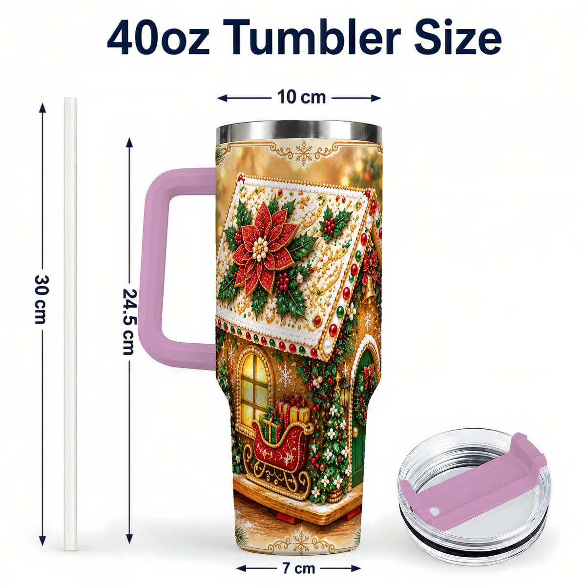 #pl[40oz|Pink] Christmas Gingerbread 40oz Tumbler with Handle, Poinsettia Travel Cup
