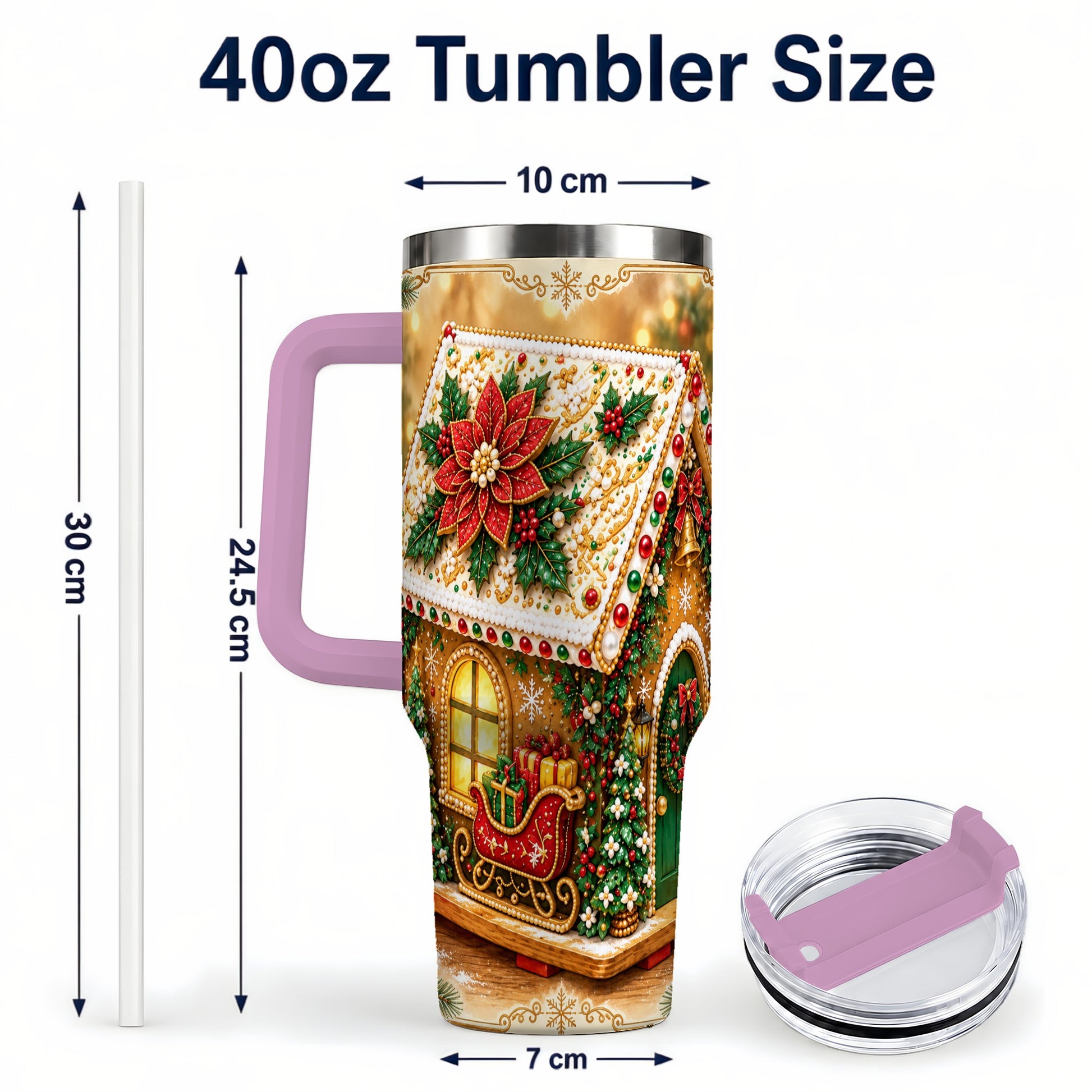 #pl[40oz|Pink] Christmas Gingerbread 40oz Tumbler with Handle, Poinsettia Travel Cup