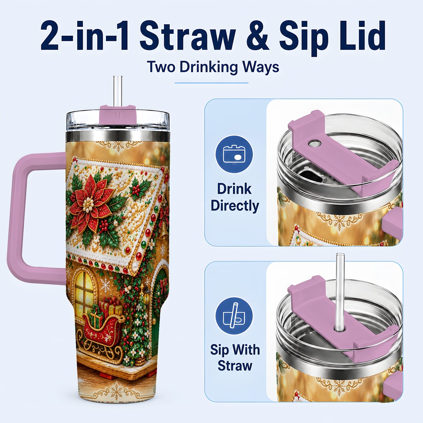 #pl[40oz|Pink] Christmas Gingerbread 40oz Tumbler with Handle, Poinsettia Travel Cup