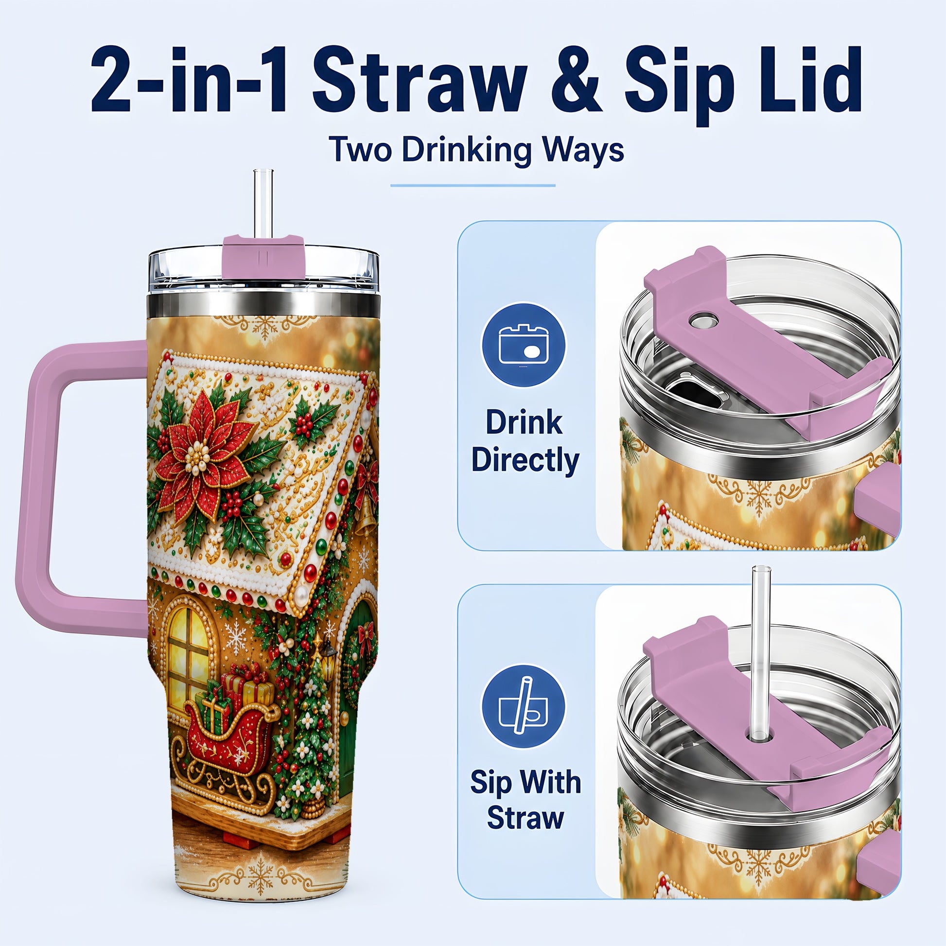 #pl[40oz|Pink] Christmas Gingerbread 40oz Tumbler with Handle, Poinsettia Travel Cup