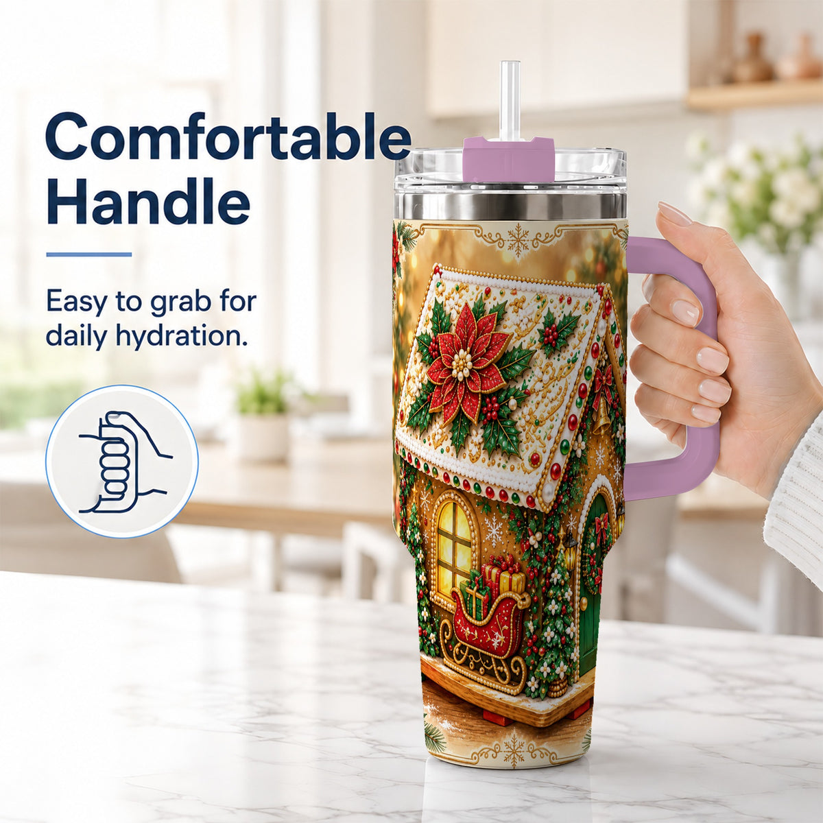 #pl[40oz|Pink] Christmas Gingerbread 40oz Tumbler with Handle, Poinsettia Travel Cup