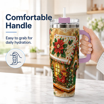 #pl[40oz|Pink] Christmas Gingerbread 40oz Tumbler with Handle, Poinsettia Travel Cup
