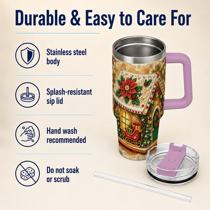 #pl[40oz|Pink] Christmas Gingerbread 40oz Tumbler with Handle, Poinsettia Travel Cup