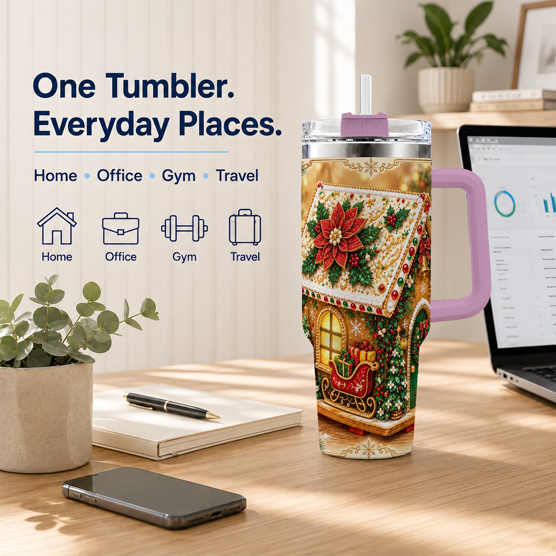 #pl[40oz|Pink] Christmas Gingerbread 40oz Tumbler with Handle, Poinsettia Travel Cup