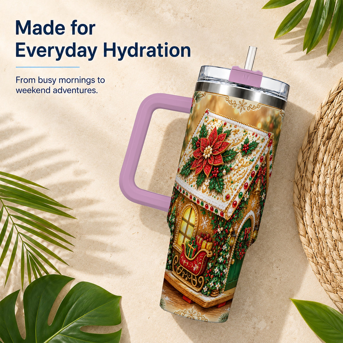 #pl[40oz|Pink] Christmas Gingerbread 40oz Tumbler with Handle, Poinsettia Travel Cup