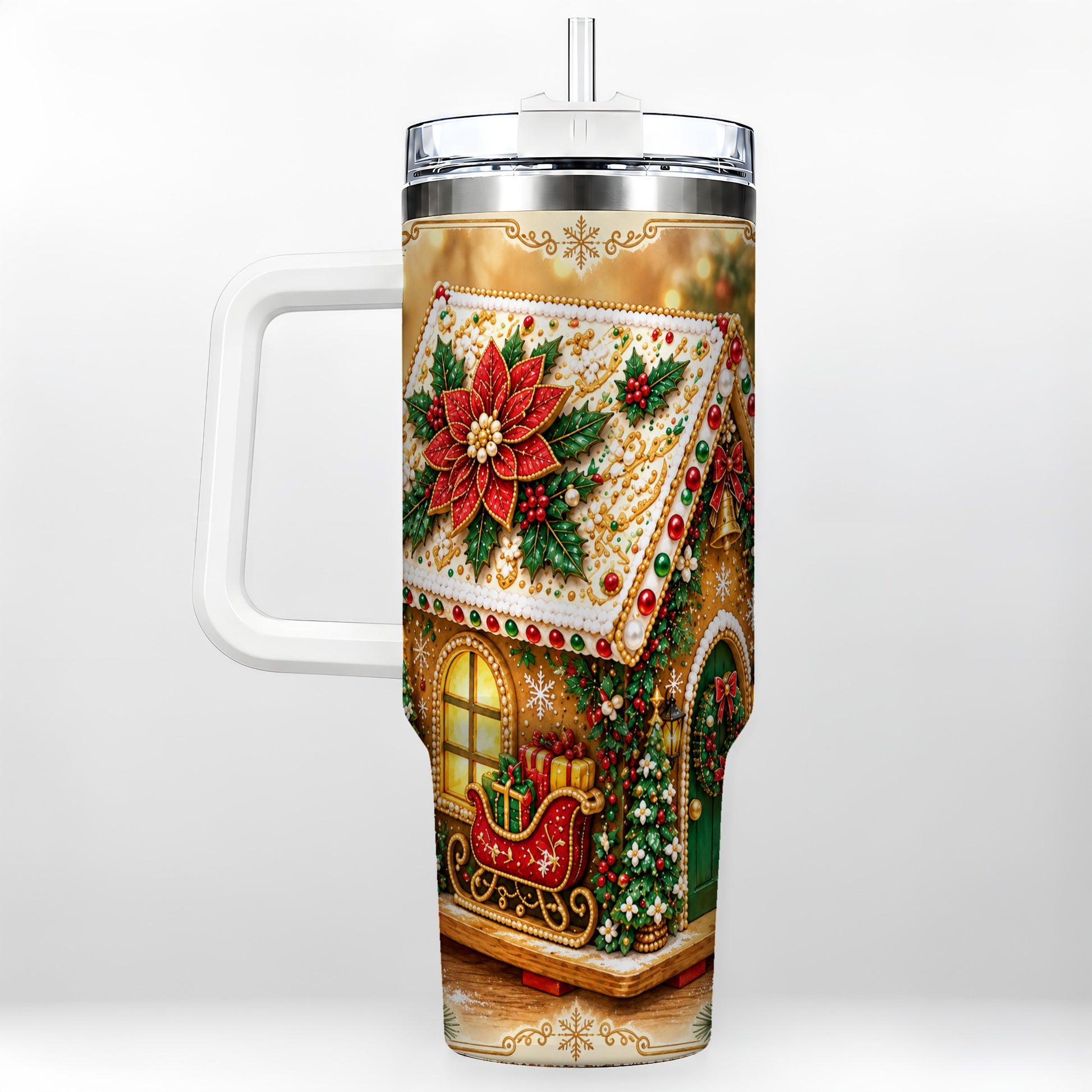 Christmas Gingerbread 40oz Tumbler with Handle, Poinsettia Travel Cup
