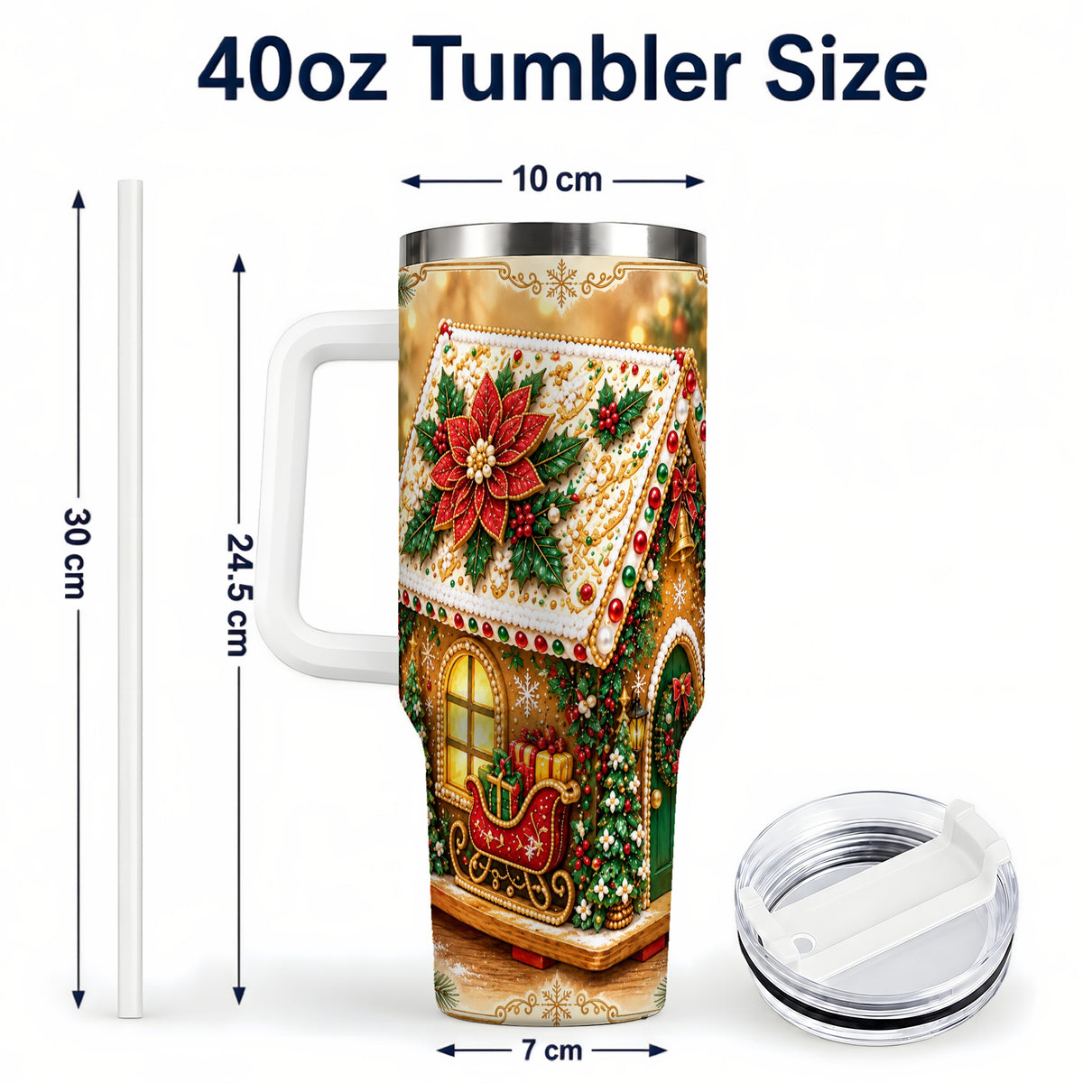 #pl[40oz|White] Christmas Gingerbread 40oz Tumbler with Handle, Poinsettia Travel Cup
