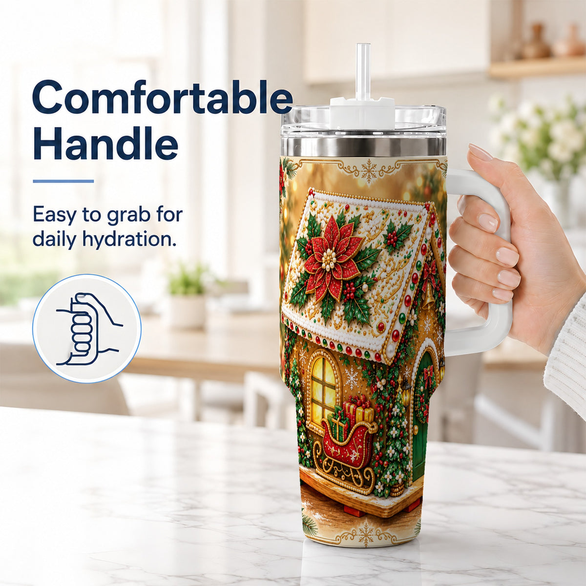 #pl[40oz|White] Christmas Gingerbread 40oz Tumbler with Handle, Poinsettia Travel Cup