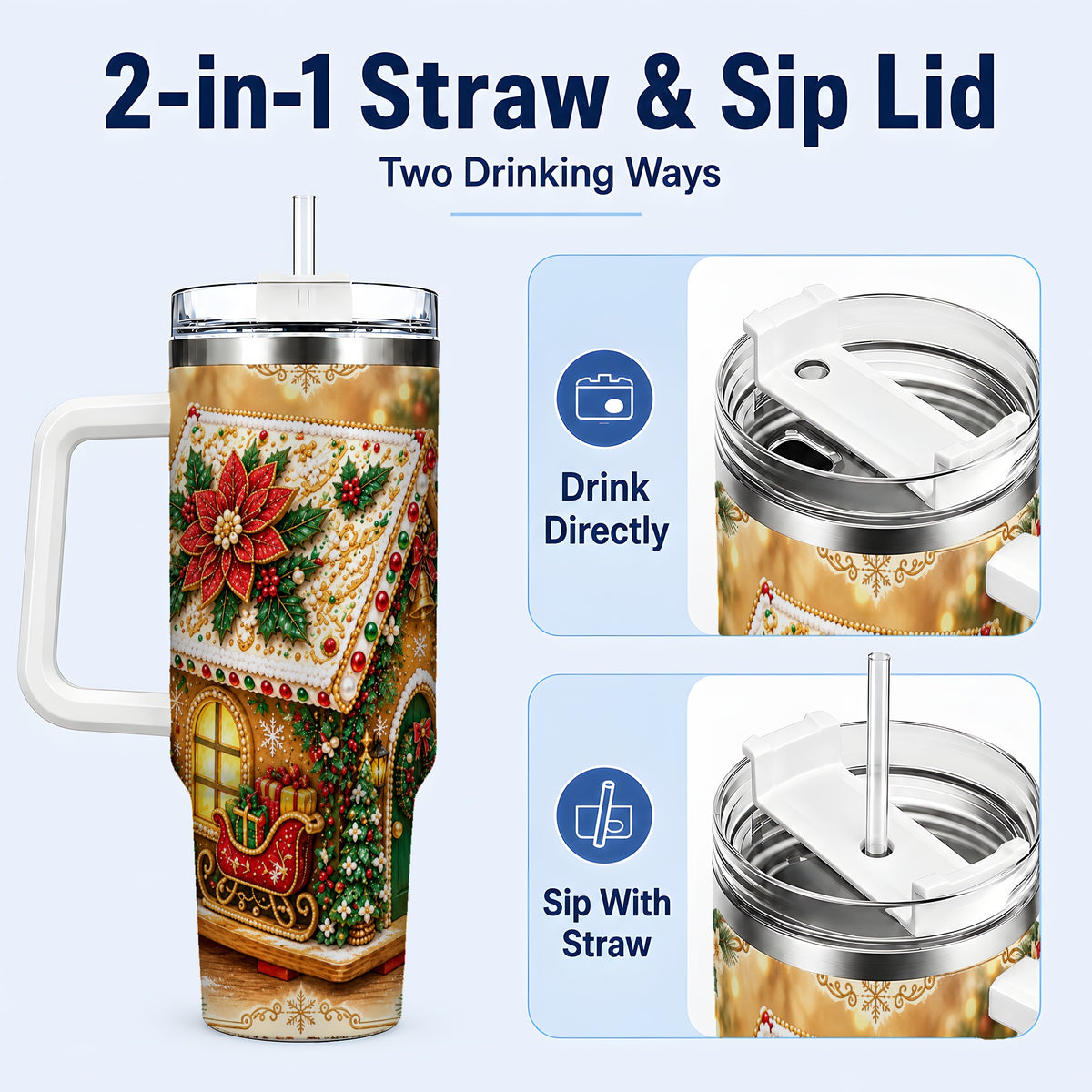 #pl[40oz|White] Christmas Gingerbread 40oz Tumbler with Handle, Poinsettia Travel Cup