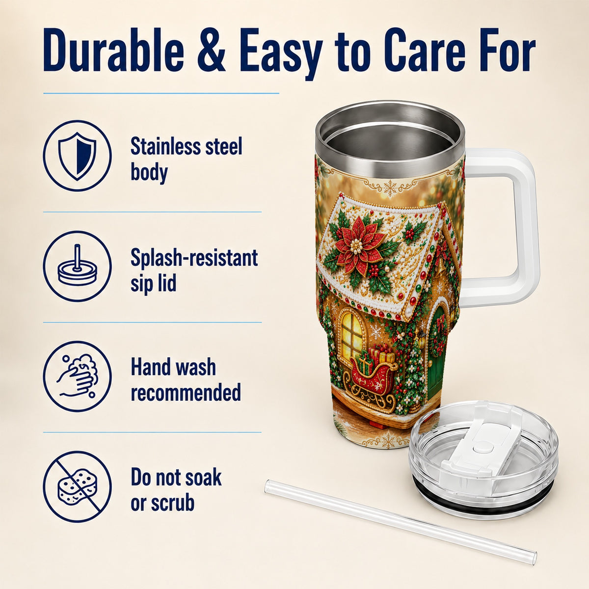 #pl[40oz|White] Christmas Gingerbread 40oz Tumbler with Handle, Poinsettia Travel Cup