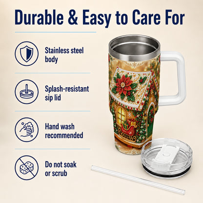 #pl[40oz|White] Christmas Gingerbread 40oz Tumbler with Handle, Poinsettia Travel Cup