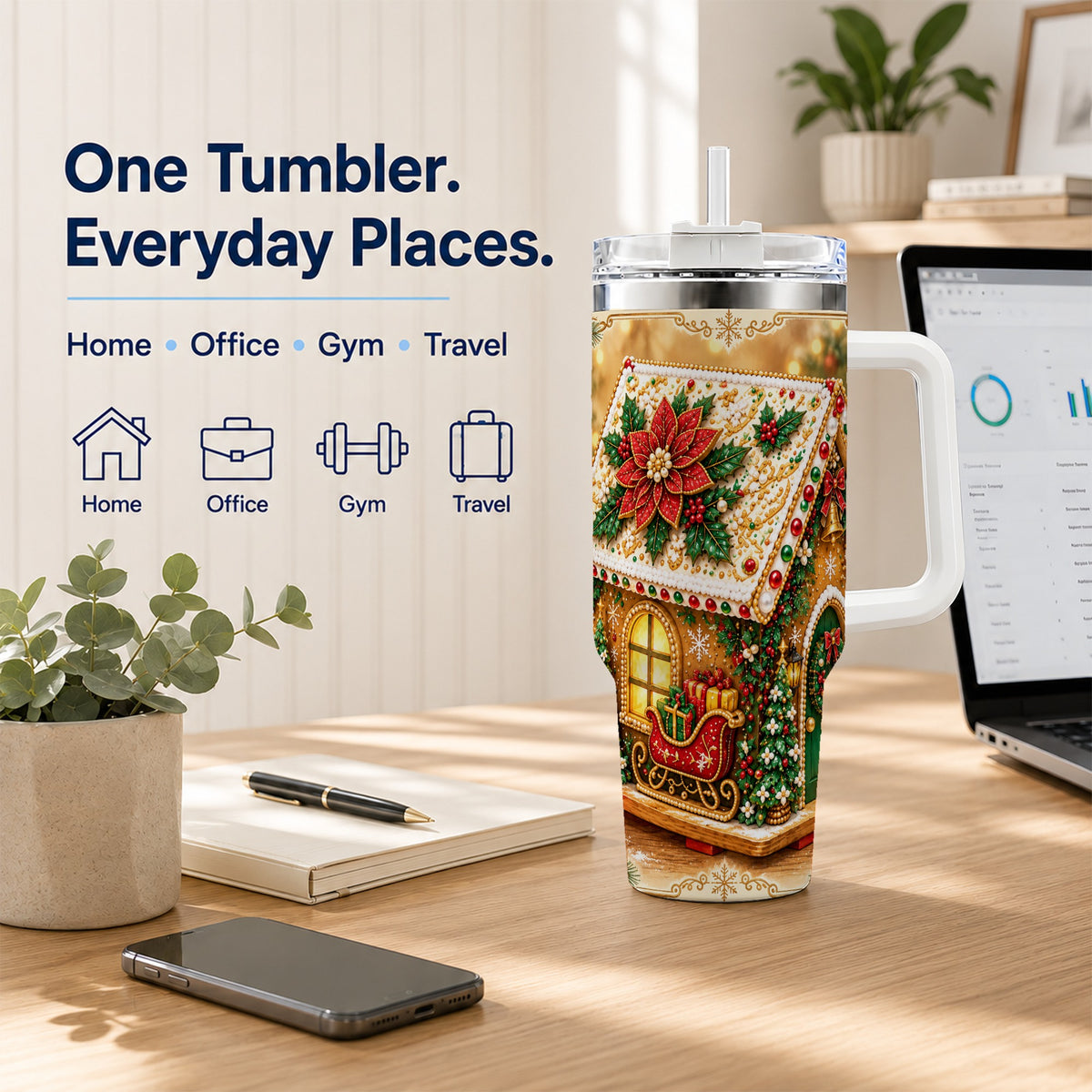 #pl[40oz|White] Christmas Gingerbread 40oz Tumbler with Handle, Poinsettia Travel Cup