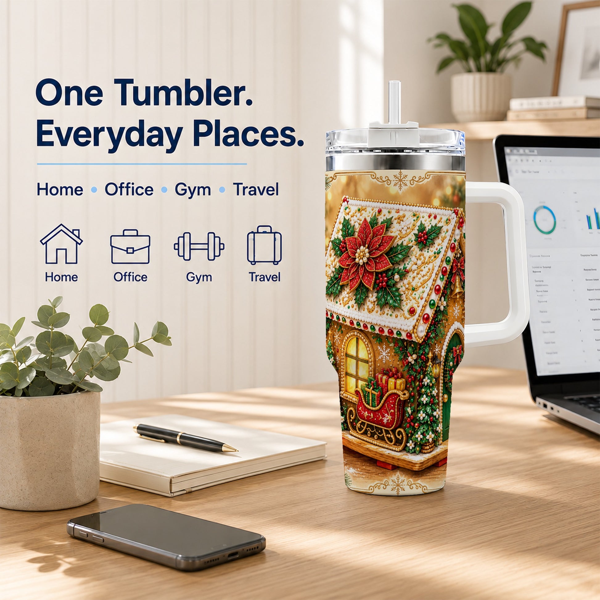 #pl[40oz|White] Christmas Gingerbread 40oz Tumbler with Handle, Poinsettia Travel Cup