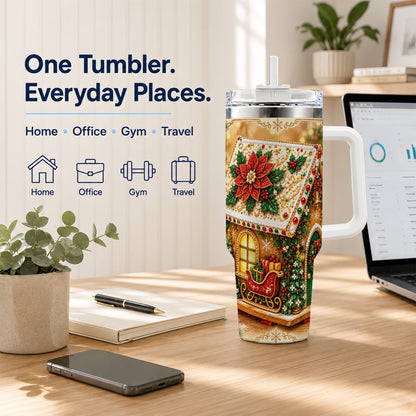 #pl[40oz|White] Christmas Gingerbread 40oz Tumbler with Handle, Poinsettia Travel Cup