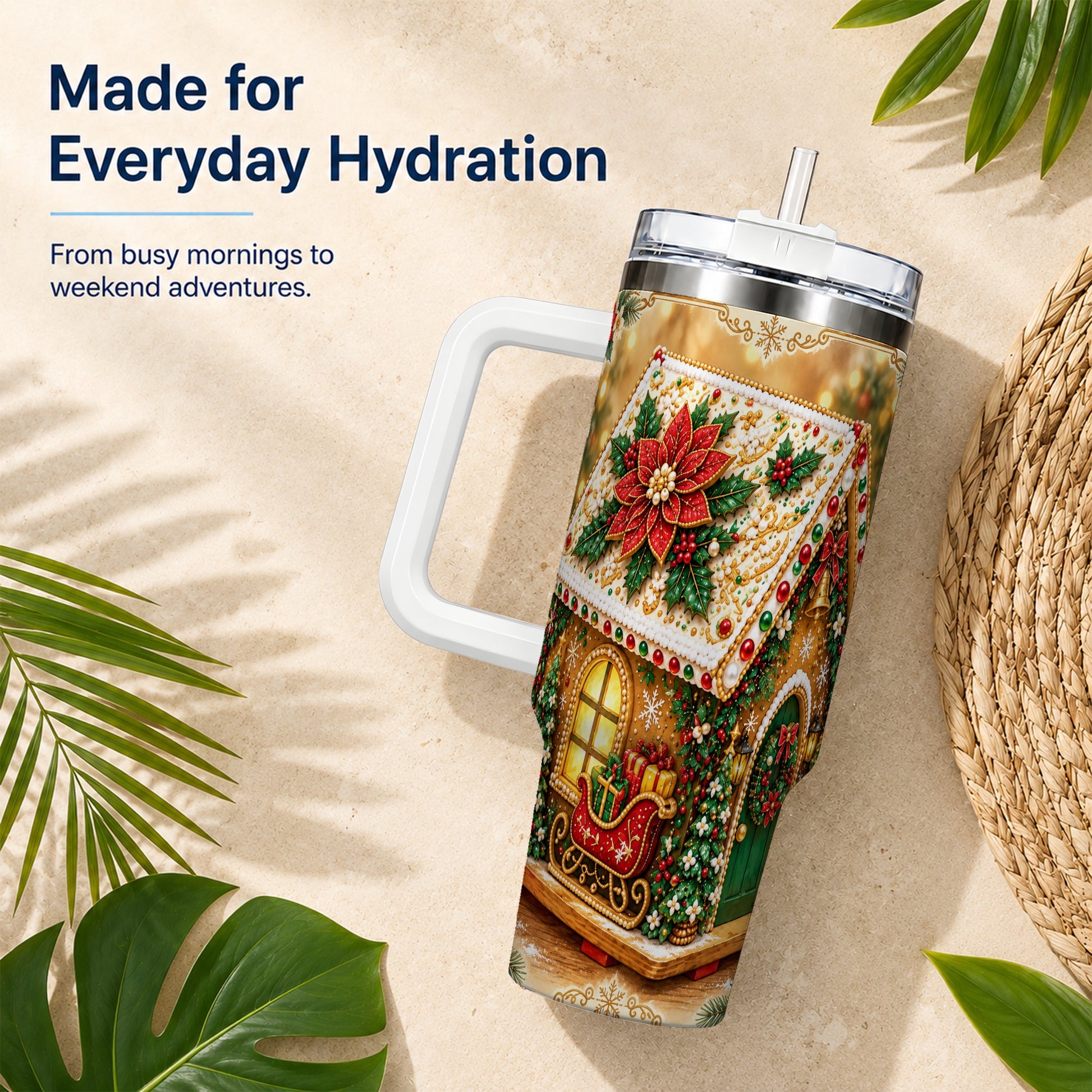 #pl[40oz|White] Christmas Gingerbread 40oz Tumbler with Handle, Poinsettia Travel Cup