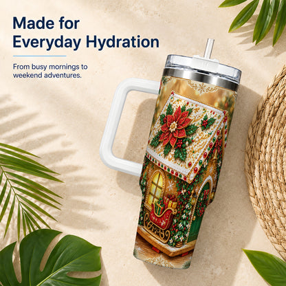 #pl[40oz|White] Christmas Gingerbread 40oz Tumbler with Handle, Poinsettia Travel Cup