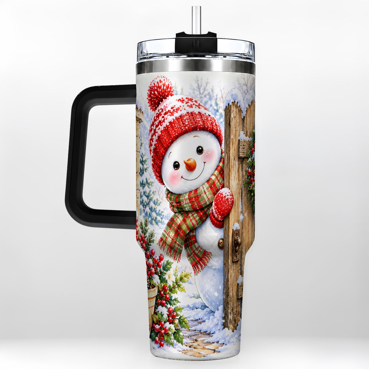 #pl[40oz|Black] Snowman Christmas 40oz Tumbler with Handle, Winter Garden Travel Cup