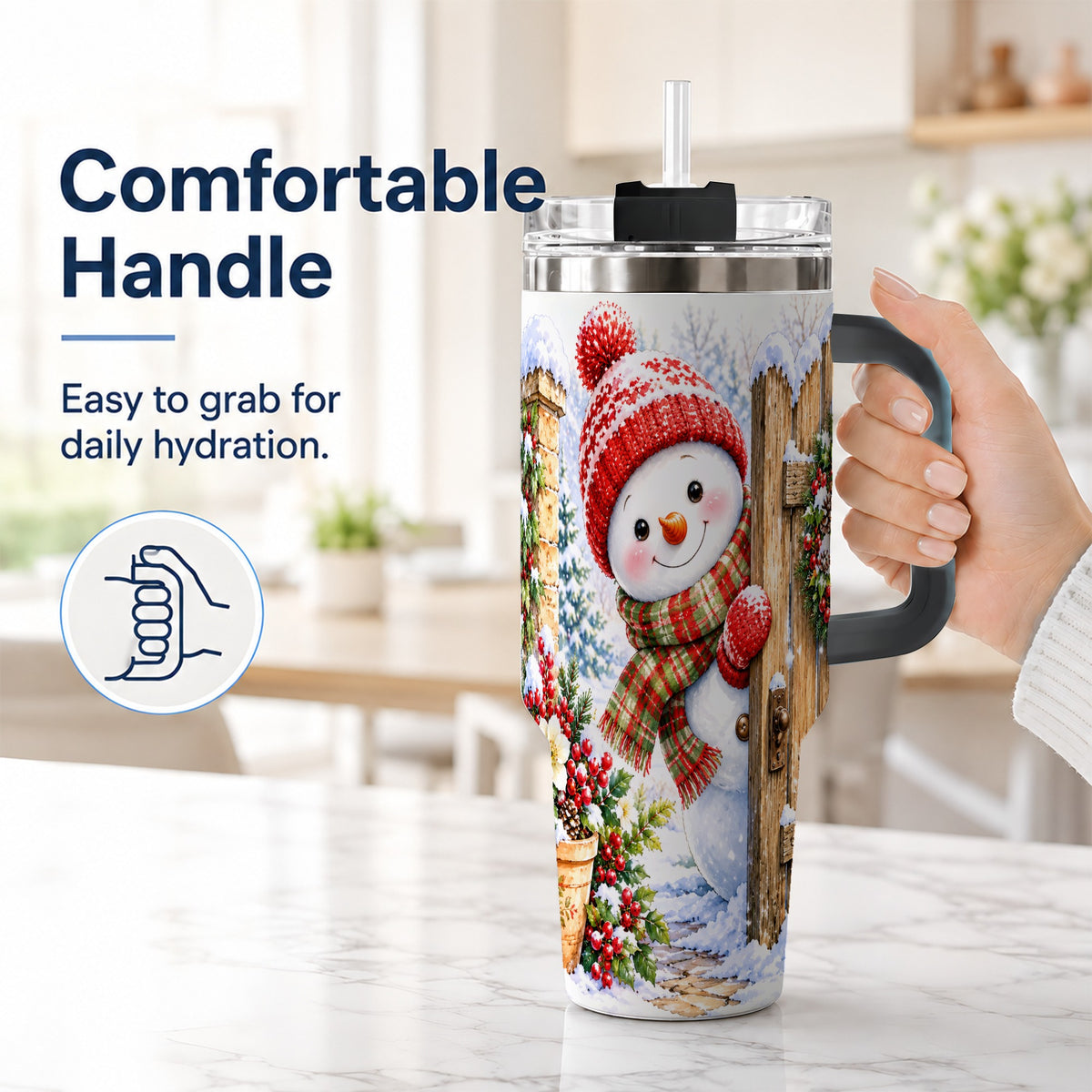 #pl[40oz|Black] Snowman Christmas 40oz Tumbler with Handle, Winter Garden Travel Cup