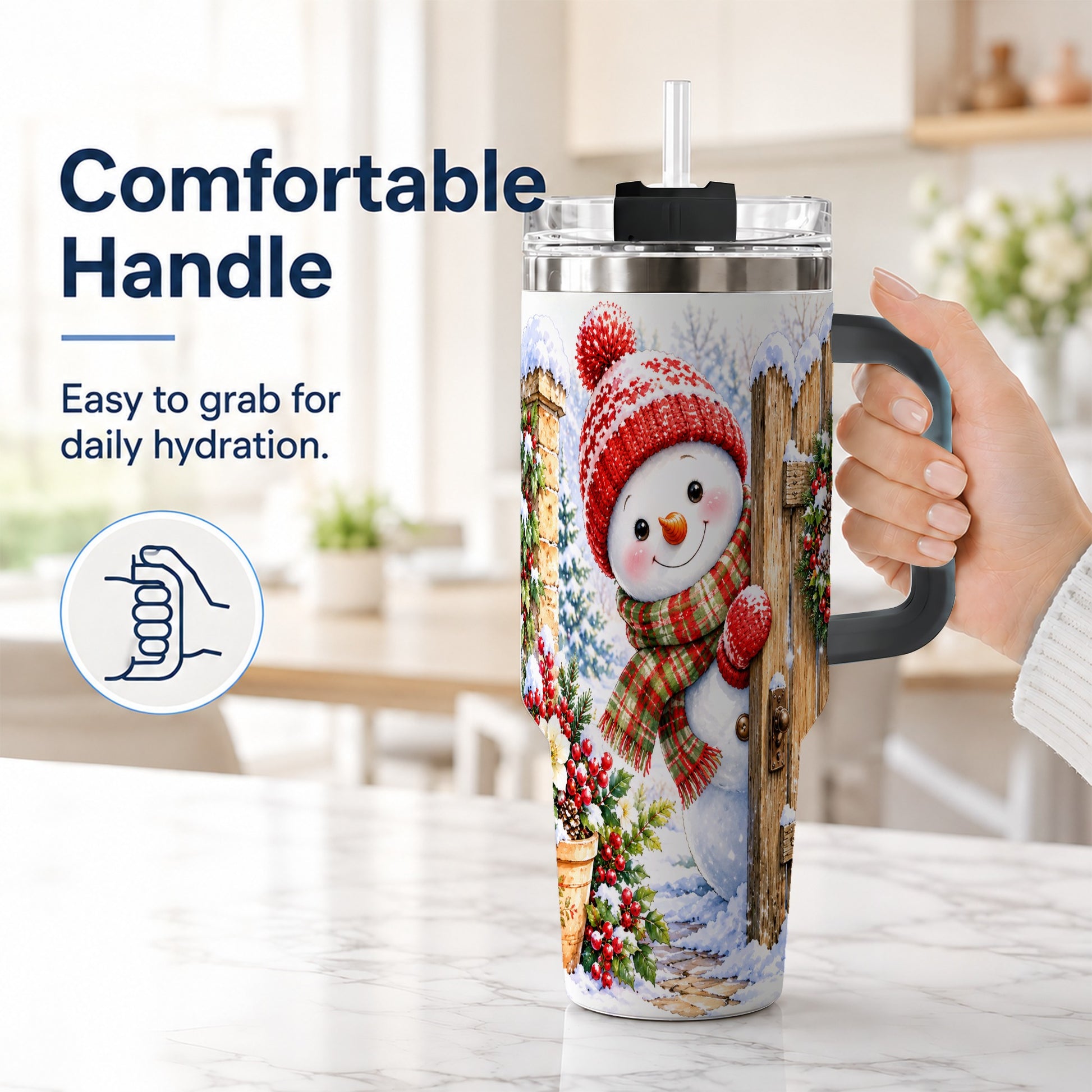 #pl[40oz|Black] Snowman Christmas 40oz Tumbler with Handle, Winter Garden Travel Cup