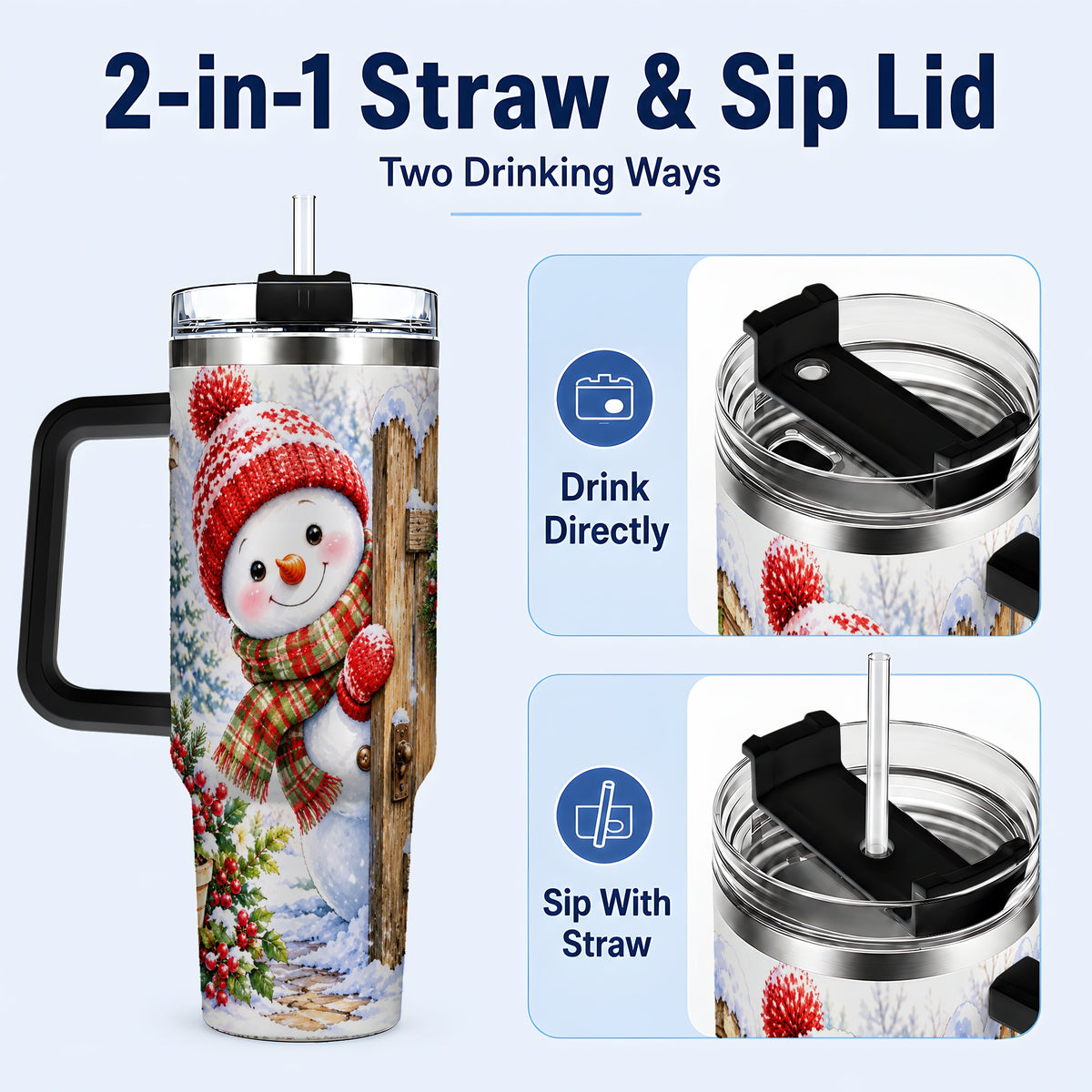 #pl[40oz|Black] Snowman Christmas 40oz Tumbler with Handle, Winter Garden Travel Cup