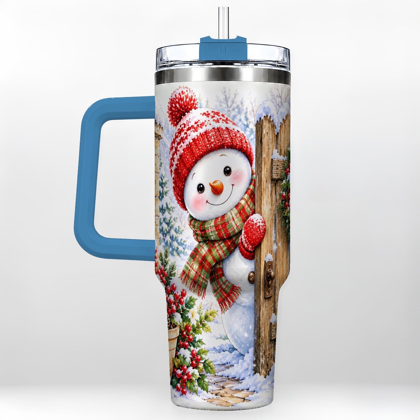 #pl[40oz|Blue] Snowman Christmas 40oz Tumbler with Handle, Winter Garden Travel Cup