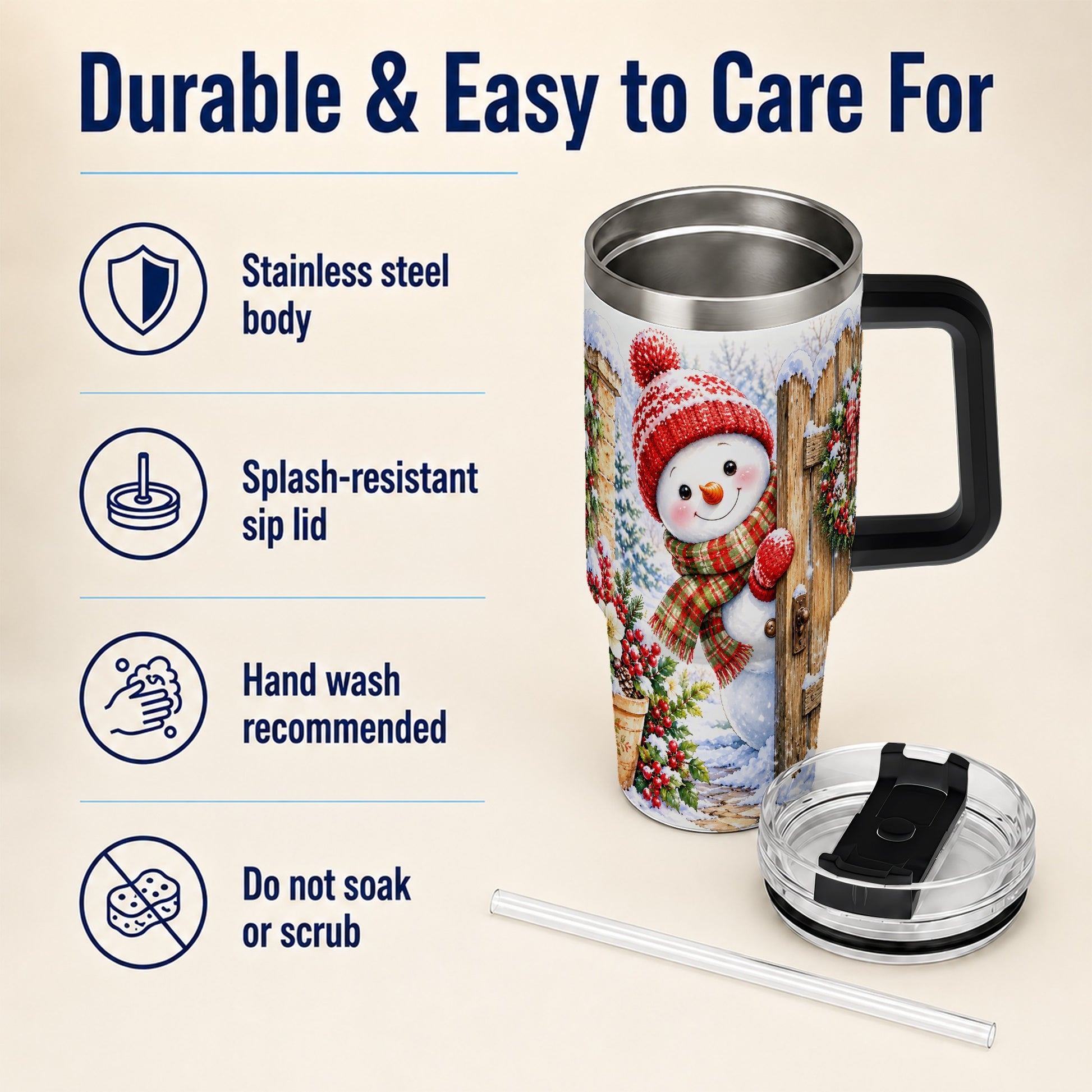 #pl[40oz|Black] Snowman Christmas 40oz Tumbler with Handle, Winter Garden Travel Cup