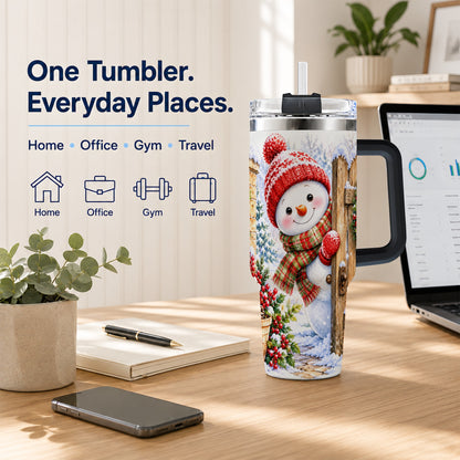 #pl[40oz|Black] Snowman Christmas 40oz Tumbler with Handle, Winter Garden Travel Cup