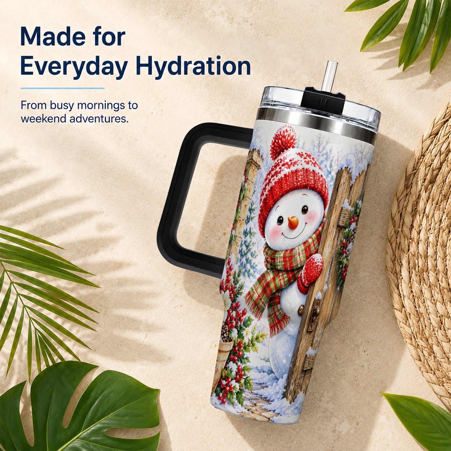 #pl[40oz|Black] Snowman Christmas 40oz Tumbler with Handle, Winter Garden Travel Cup