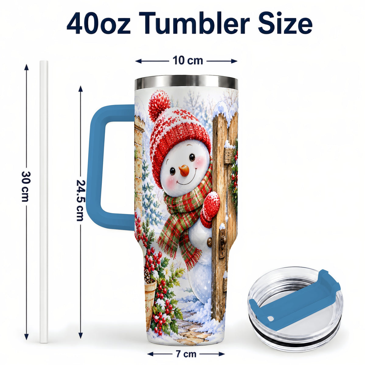 #pl[40oz|Blue] Snowman Christmas 40oz Tumbler with Handle, Winter Garden Travel Cup